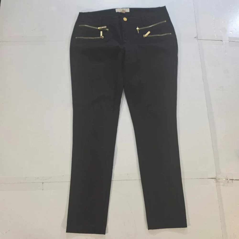 Michael Kors Womens Black Gold Zipper Skinny DesignerPants Trousers Size 10